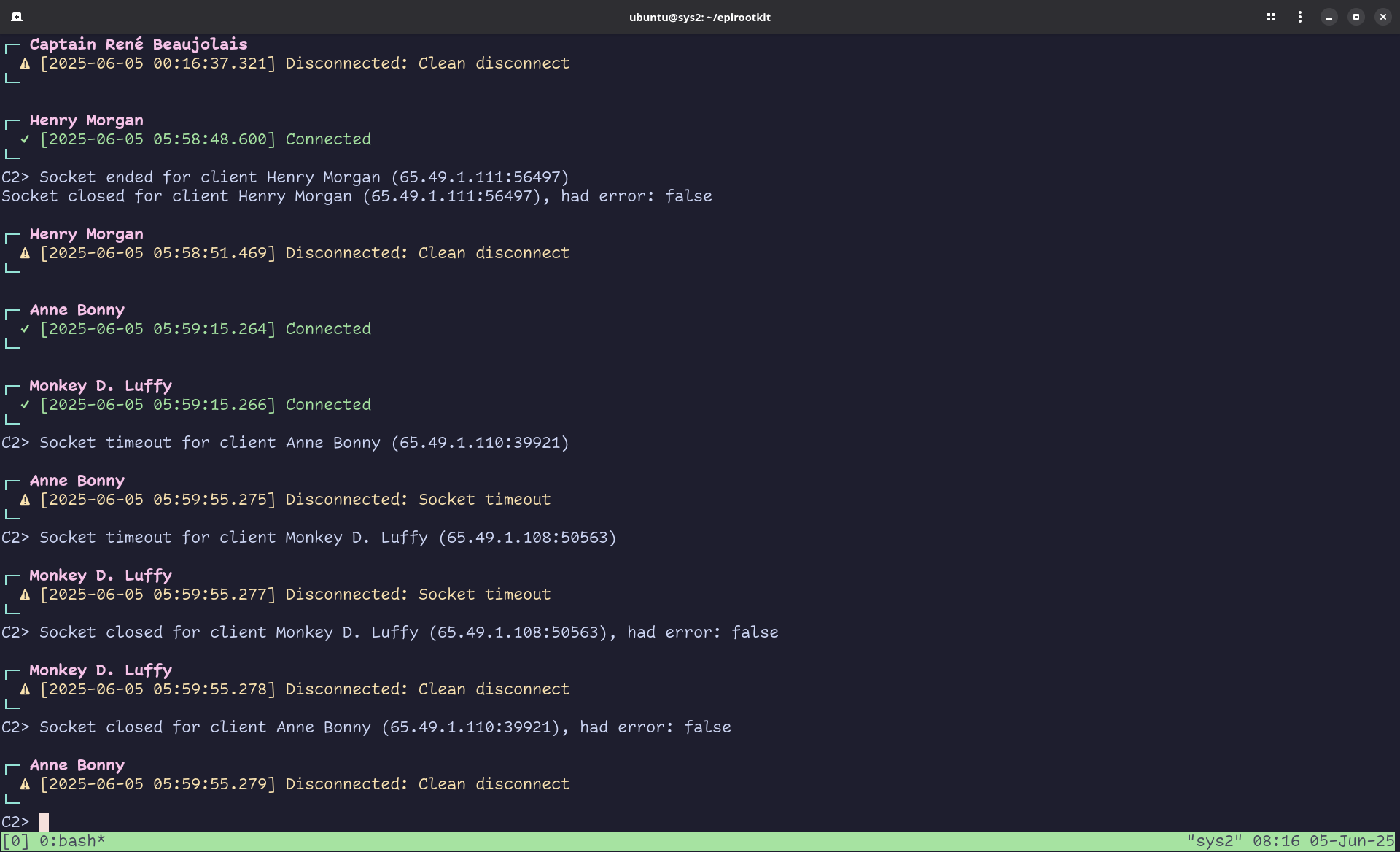 Server logs showing unauthorized connection attempts